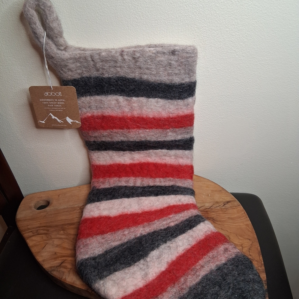 Handmade Wool Christmas Stocking with Red and Gray Stripes Fair Trade
